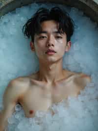 man lying in a bath of ice cubes