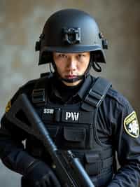 man as a SWAT Officer. wearing black swat vest, swat helmet, holding pdw