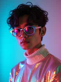 man in holographic style, wearing shiny holographic fashion
