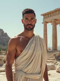 man as Ancient Greek philosopher in 500 B.C., Ancient Roman white clean new temple in background