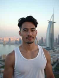 man standing in front of city skyline viewpoint in Dubai with city skyline in background