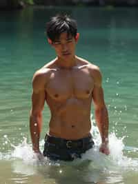 man in League of Legends, au naturel, washing in the river, wearing swimwear, hyper detailed, digital art, trending in artstation, cinematic lighting, studio quality, smooth render, unreal engine 5 rendered, octane rendered, art style by klimt and nixeu and ian sprigger and wlop and krenz cushart