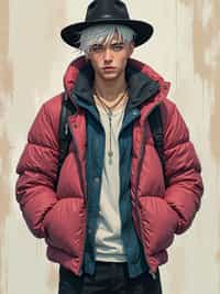 full body of a street punk man student, blue eyes, bubble jacket, hat, white hair by atey ghailan, by greg rutkowski, by greg tocchini, by james gilleard, by joe fenton, by kaethe butcher, gradient pink, black, brown and light blue color scheme, grunge aesthetic