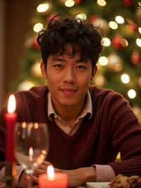 man at Christmas dinner wearing Christmas style clothes. Christmas tree in background. Christmas lights