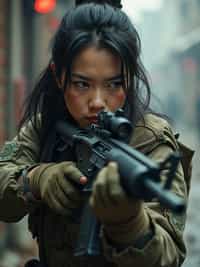 woman as a US Navy Seal in firefight. highly detailed