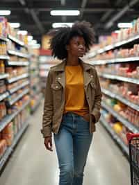 woman in Supermarket walking with Shopping Cart in the Supermarket Aisle. Background of Supermarket