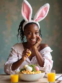 woman dressed up for Easter with Easter Bunny Ears at the Easter Breakfast. Easter Eggs. Easter Bunny