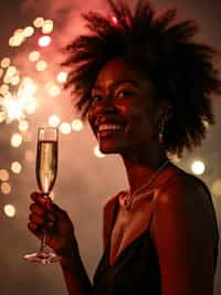 woman celebrating New Year's Eve with champagne and Fireworks in background