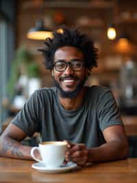  man in hipster coffee place with coffee cup on table