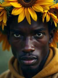Close face shot of a man with a sunflower in hair, summer season, moody scene,, intricate, sharp details, summer vibe, gorgeous scene by gaston bussiere, craig mullins, somber lighting, drawn by giacomo burattini, inspired by graphic novel cover art, hyperrealistic, 8 k by rhads