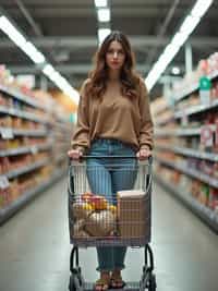 woman in Supermarket walking with Shopping Cart in the Supermarket Aisle. Background of Supermarket