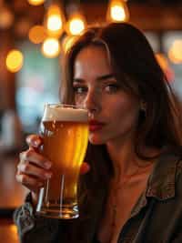 woman in a busy bar drinking beer. holding an intact pint glass mug of beer