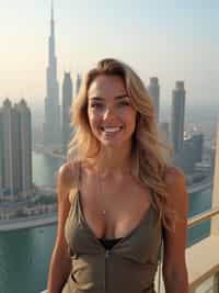 woman standing in front of city skyline viewpoint in Dubai with city skyline in background