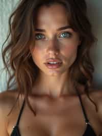 woman wearing  bikini or lingerie in  FHM maxim centerfold photoshoot. intact eyes, symmetrical eyes, realistic skin texture. hyper realistic eyes. photorealistic
