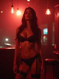 woman in  sexy lingerie  as a stripper in strip club. wide shot. cinematic lighting