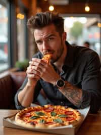 man sitting in a restaurant eating a large pizza