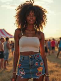 a woman in a crop top and denim skirt with festival patches , embodying the DIY and personalization culture of music festivals