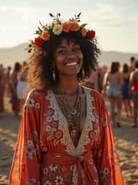 a stunning woman in a flowy kimono and flower crown , embodying the fusion of bohemian and rock n roll styles at the festival