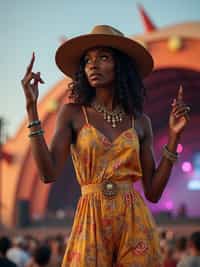 a woman in a bohemian jumpsuit and a wide-brimmed hat , striking a pose in front of a stage backdrop, capturing the excitement of a music festival