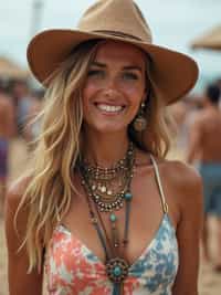 a stunning woman in a tie-dye jumpsuit and statement accessories , capturing their eclectic and fashionable festival look
