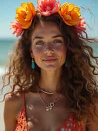 a stunning woman with flowing curly hair and flower accessories , capturing the essence of festival fashion and individuality