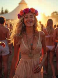 a stunning woman as a festival-goer, dancing and enjoying the music in a vibrant crowd, wearing a boho chic dress and flower crown