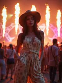 a woman in a bohemian jumpsuit and a wide-brimmed hat , striking a pose in front of a stage backdrop, capturing the excitement of a music festival
