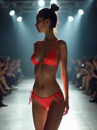 side view of woman striding confidently down a fashion runway in bikini, surrounded by flashing camera lights.