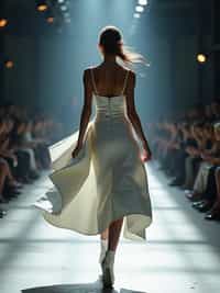 back view of woman walking on a fashion runway in an industrial space, captured mid-twirl, showcasing a futuristic outfit with sharp lines