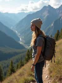 woman on a hiking trail, overlooking a breathtaking mountain landscape
