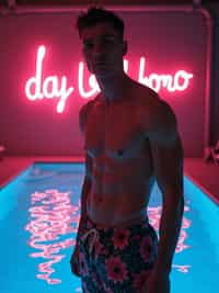 man , fit body in floral silk  swim shorts and shirtless at pool party with neon lights