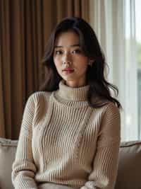 a woman wearing knitted sweater) in luxury villa living room, instagram photo, instagram, hourglass figure