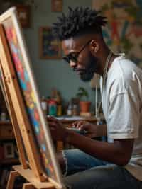 a man as artistic painter in  art studio with wooden easel and paint