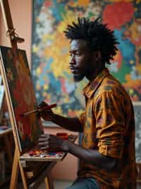 a man as artistic painter in  art studio with wooden easel and paint