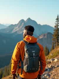 man on a hiking trail, overlooking a breathtaking mountain landscape