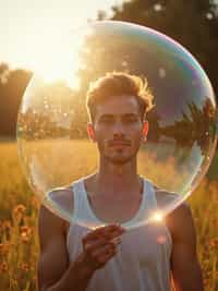 man holding a giant soap bubble in a sunlit field
