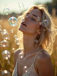 man blowing bubbles. all around her are floating bubbles. many bubbles floating. the bubbles reflect her face. she stands in a sunlit field.