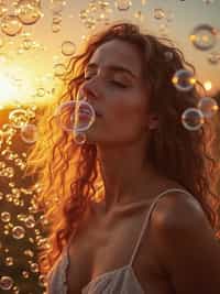 man blowing bubbles. all around her are floating bubbles. many bubbles floating. the bubbles reflect her face. it is golden hour at sunset.