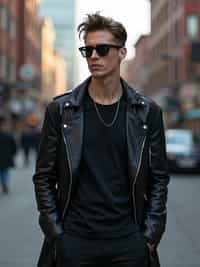 man in  modern, fashionable attire against an edgy urban backdrop
