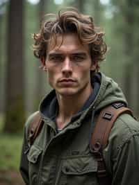 man with enticing allure in  rugged outdoor outfit in a serene forest setting