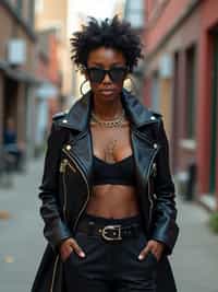 woman in daring, edgy ensemble  against an edgy urban backdrop