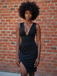 (full-body shot) of woman in bold, fitted dress  against a classic brick wall background