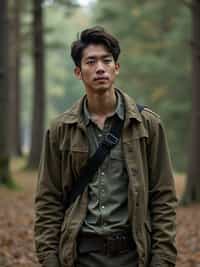 man with enticing allure in  rugged outdoor outfit in a serene forest setting