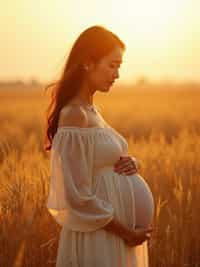 healthy pregnant woman in maternity photographs, beautiful pregnant woman, maternity photography in field of wheat. golden hour