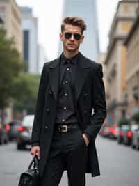 sharp and trendy man in Buenos Aires wearing a modern street style outfit, Obelisco de Buenos Aires in the background