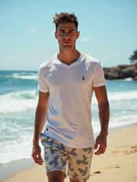 sharp and trendy man in Sydney wearing a summer dress/shorts and t-shirt, Bondi Beach in the background