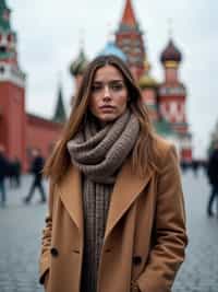 stylish and chic  woman in Moscow wearing a stylish coat and scarf, Saint Basil's Cathedral in the background