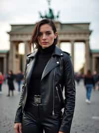 stylish and chic  woman in Berlin wearing a punk-inspired outfit, Brandenburg Gate in the background