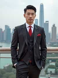 sharp and trendy man in Shanghai wearing a traditional qipao/mandarin-collar suit, modern skyline in the background