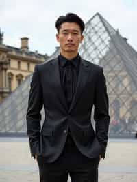 sharp and trendy man in Paris wearing a chic black dress/suit, Louvre pyramid in the background